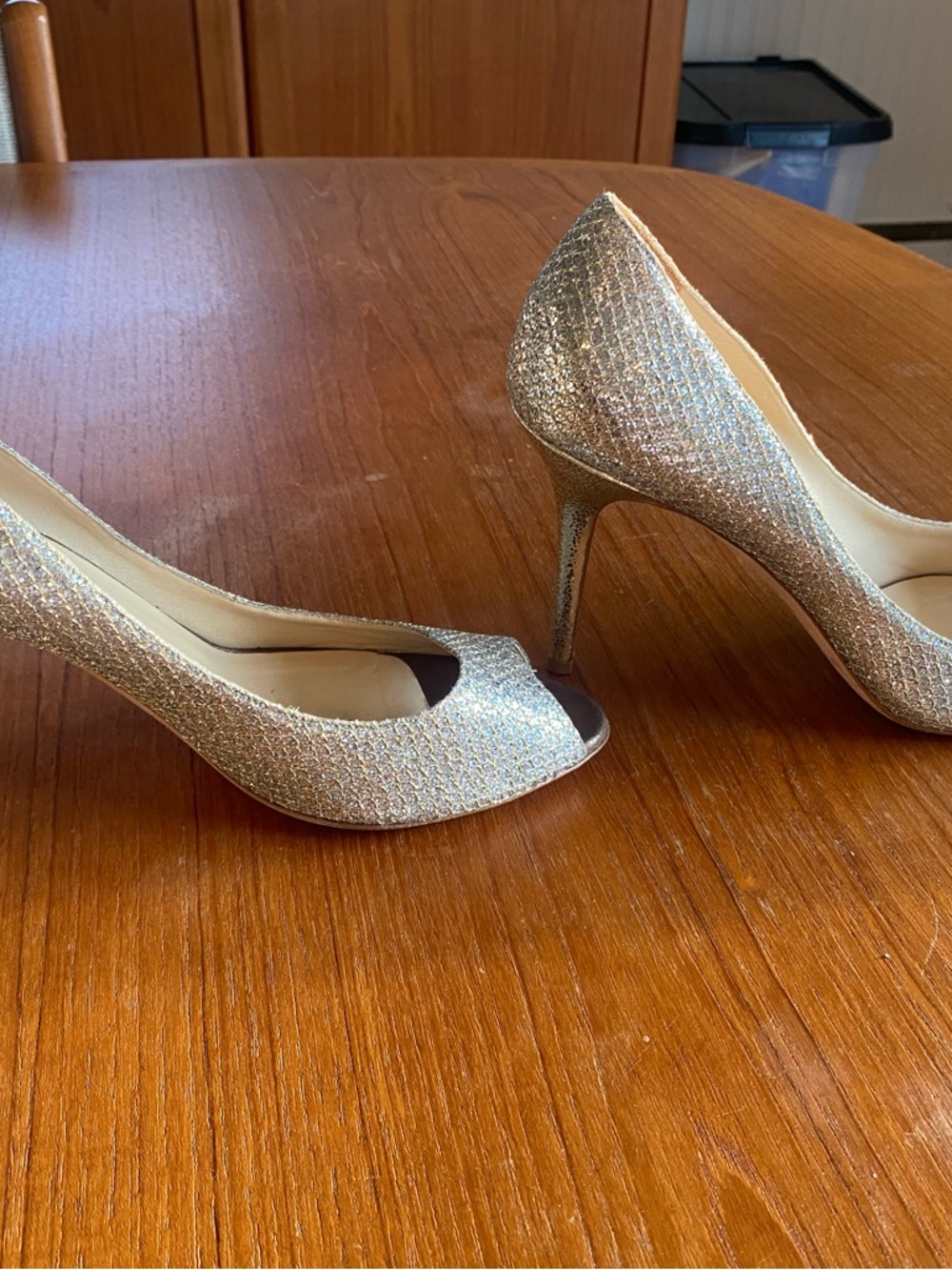 Jimmy Choo Silver Glitter Peep Toe Pumps - Picture 4 of 7